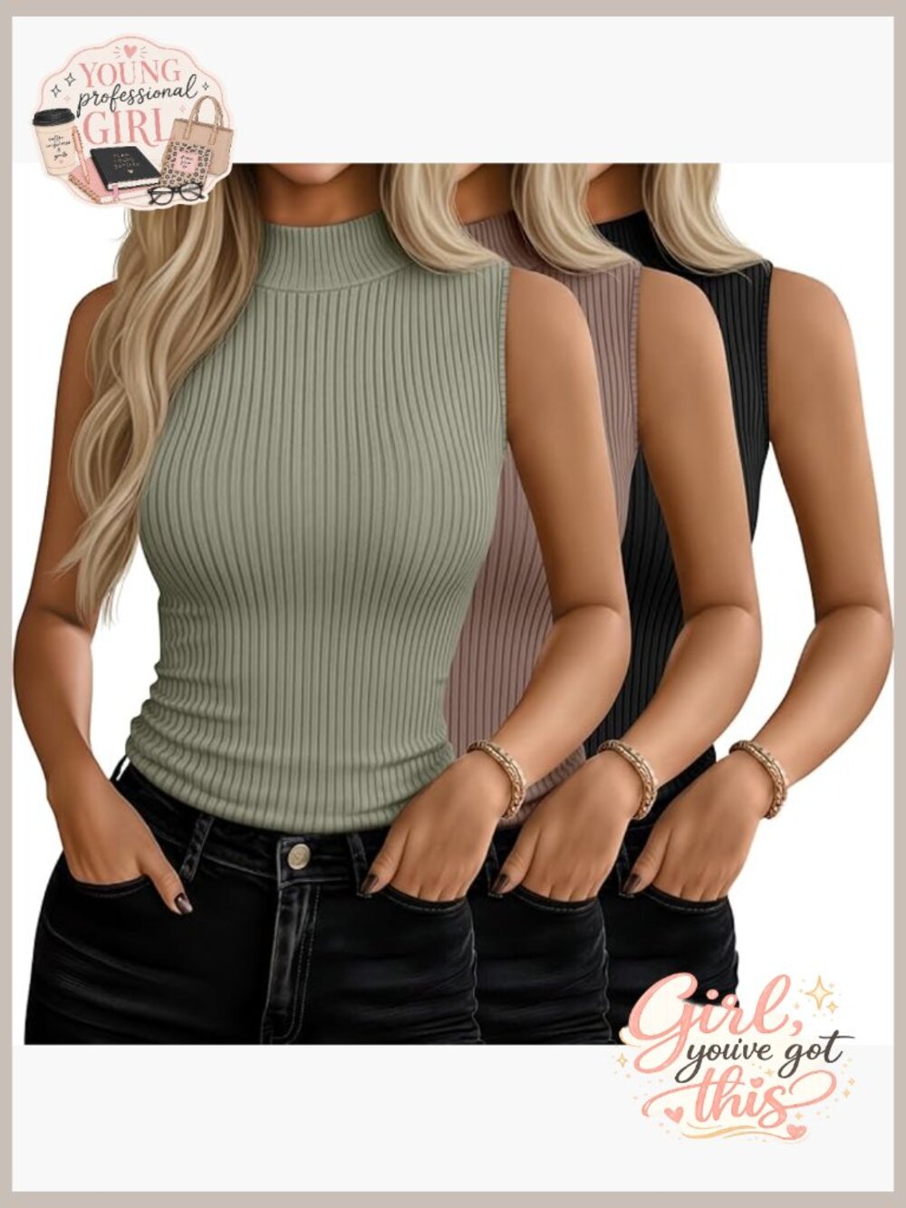 3 Pack Women Sleeveless Mock Turtleneck Tanks Ribbed Stretch Slim Fit Top